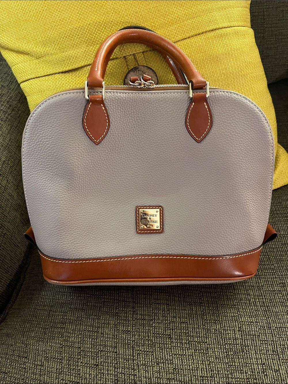 Dooney & Bourke Pebble Leather Satchel in Light Gray with Brown Trim